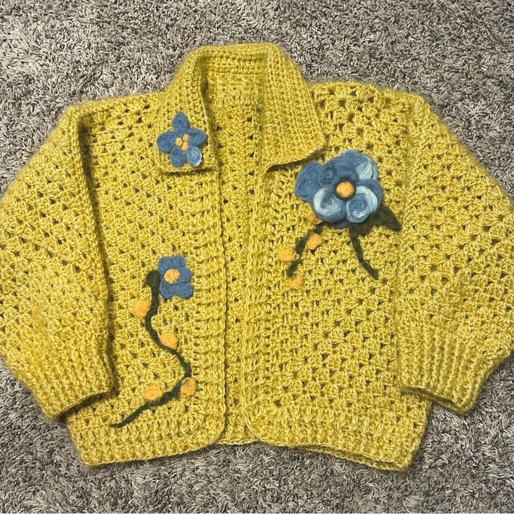 Yellow Crochet Cardigan with Blue Floral Accents